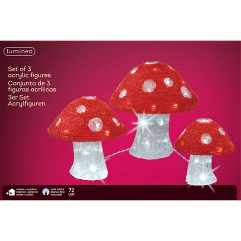 Set 3 decoratiuni luminoase pentru exterior Mushrooms, Lumineo, 16/20/32 LED-uri, rosu/alb